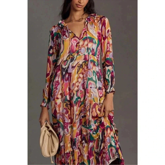 Anthropologie The Marais Printed Chiffon Maxi Dress Long Sleeve Small - Picture 11 of 12